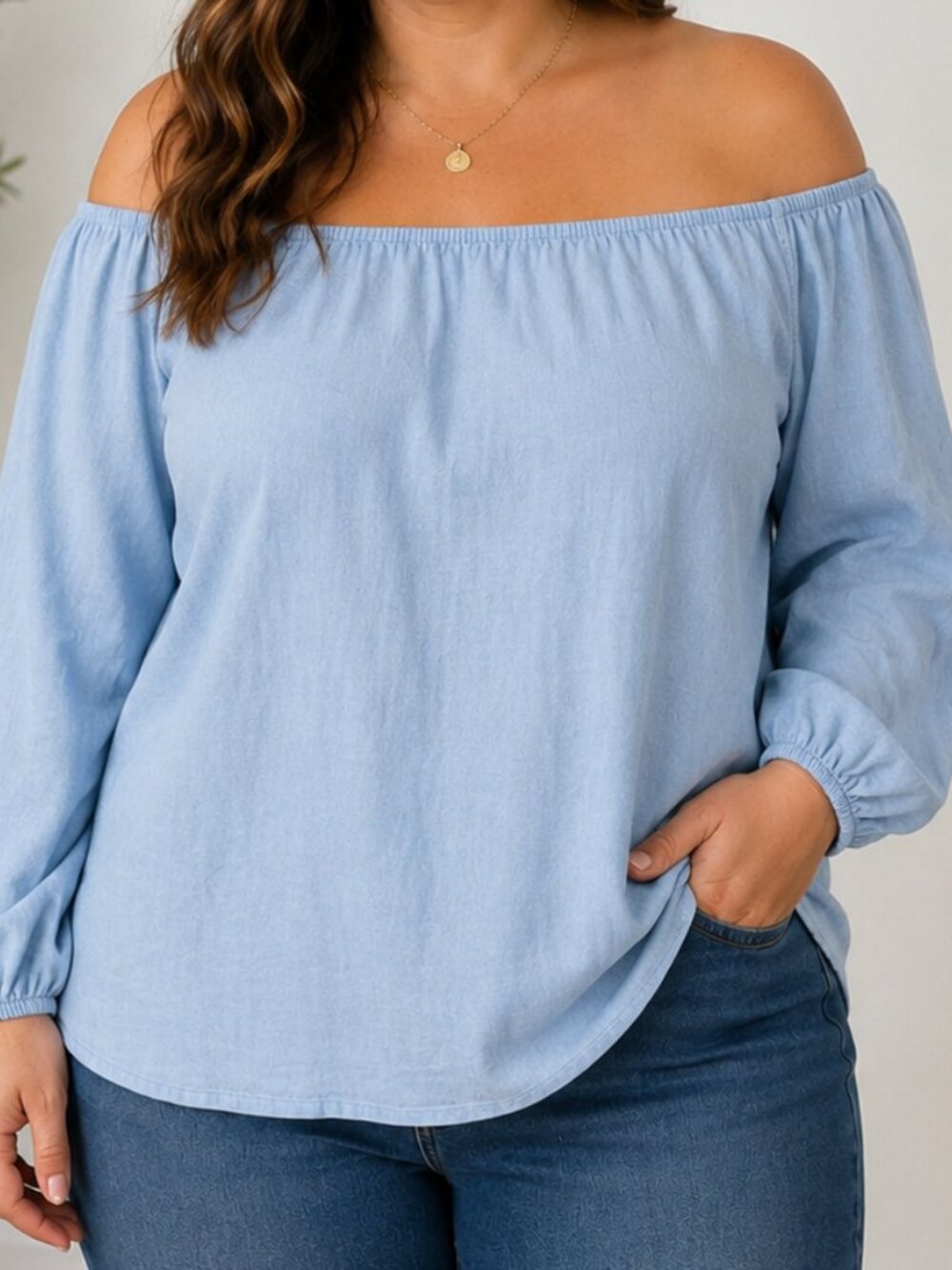 Bellambra Italy Linen Blend Off Shoulder Peasant Blouse Women's 1X Boho Top Blue